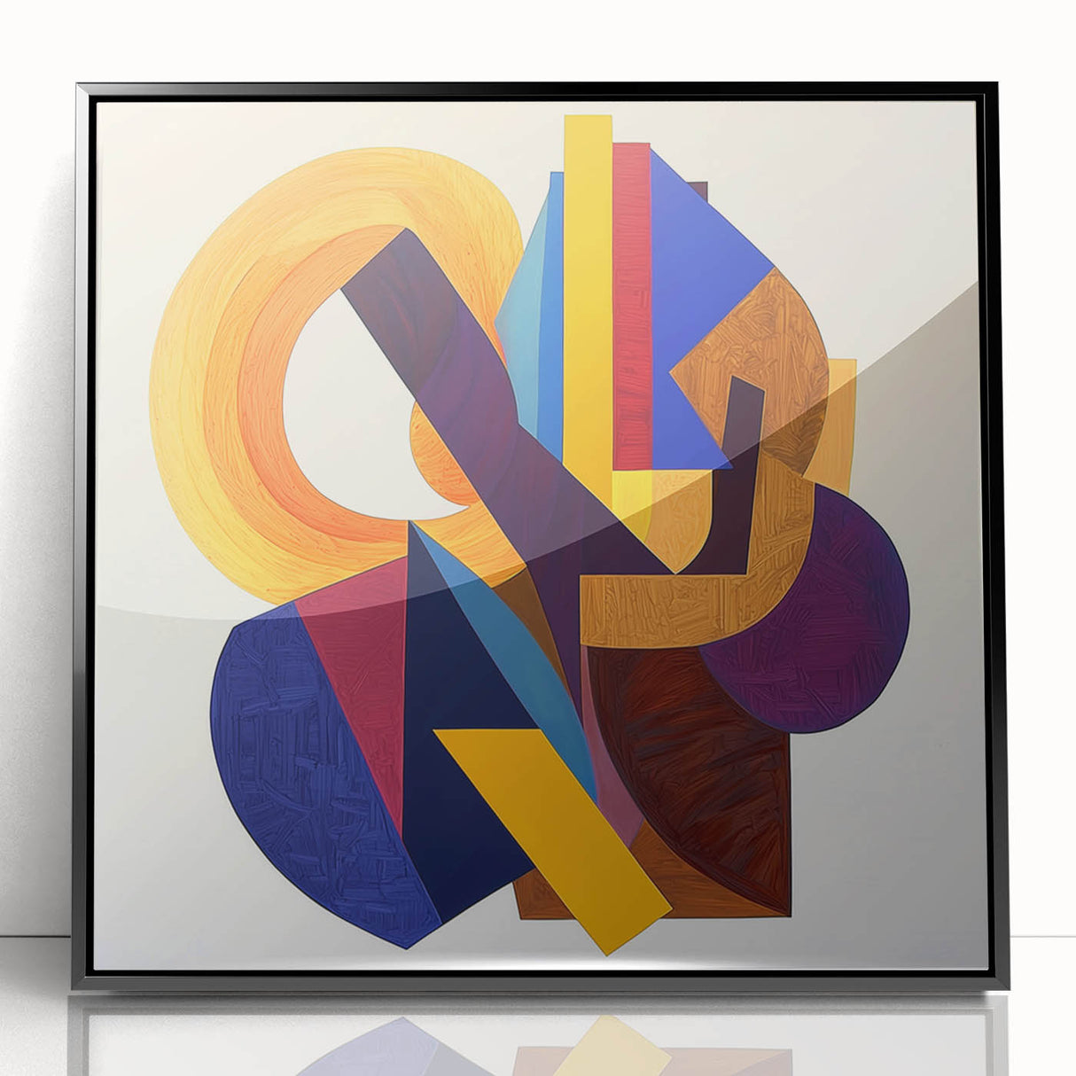 Abstract geometric framed acrylic artwork showcasing a striking black design, perfect for modern decor. This piece adds a contemporary touch to any space.