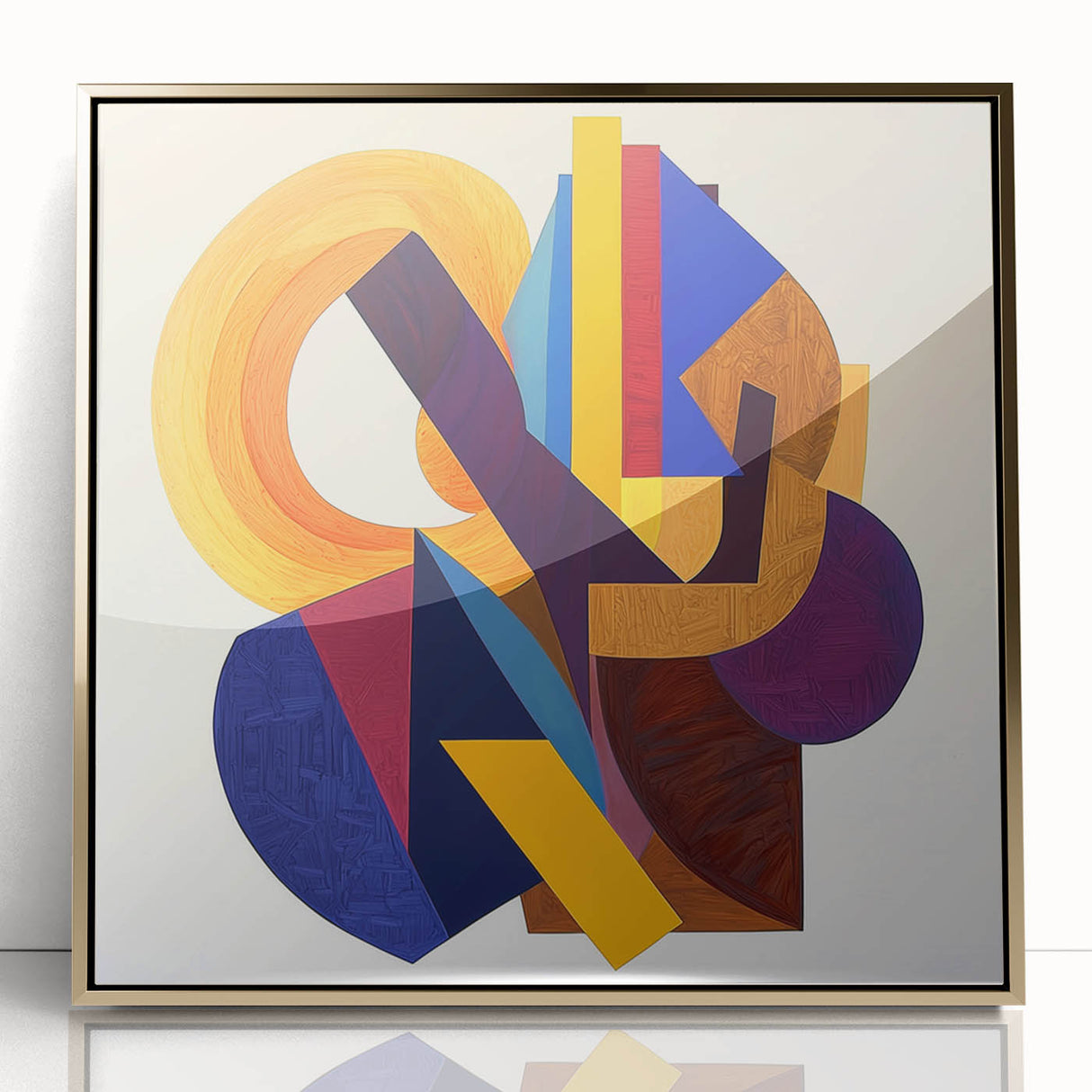Abstract geometric wall art framed in gold acrylic, showcasing intricate patterns and vibrant colors, ideal for modern home decor or office settings.
