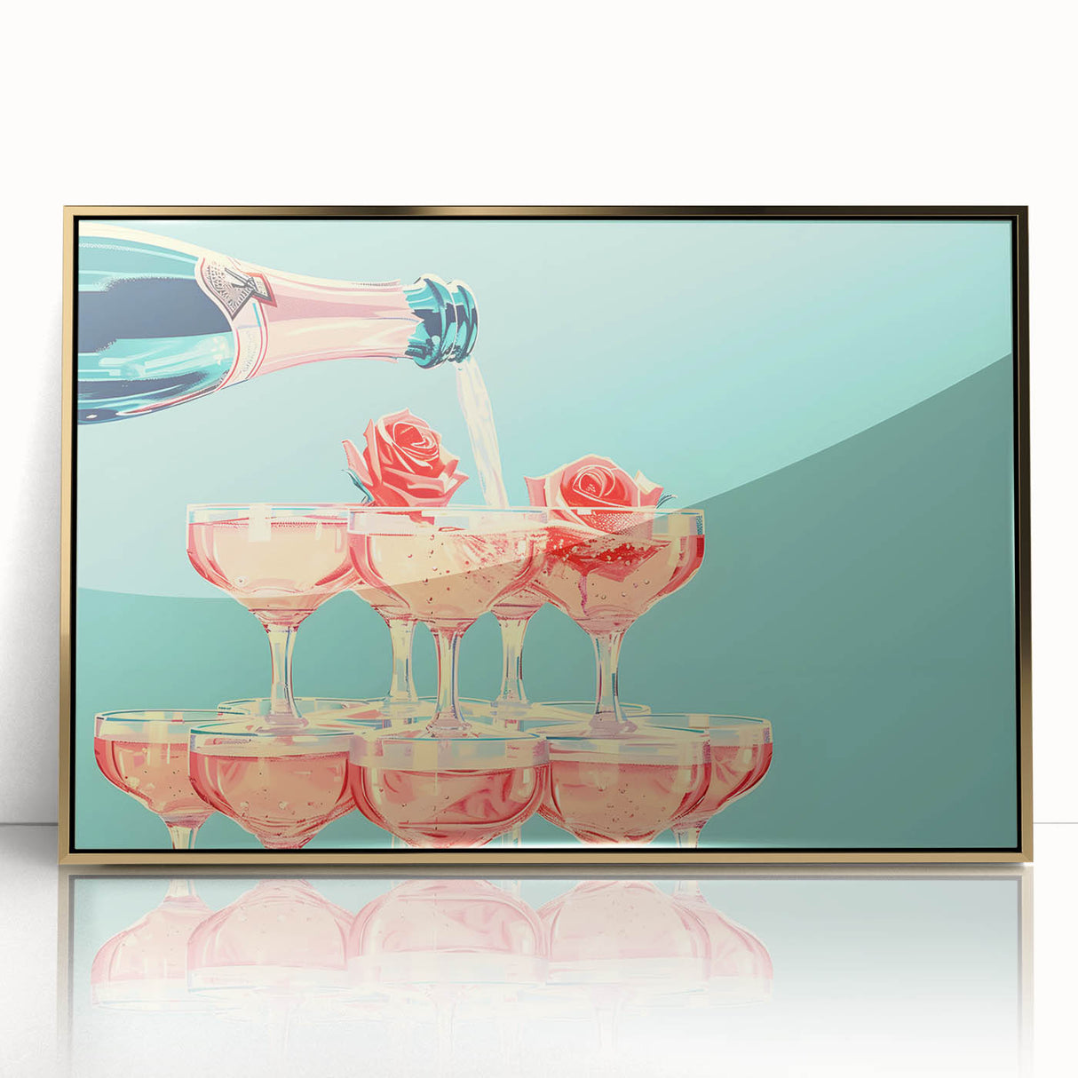 Art deco poster of a stylized cocktail, rendered in gold and black tones on a framed acrylic.