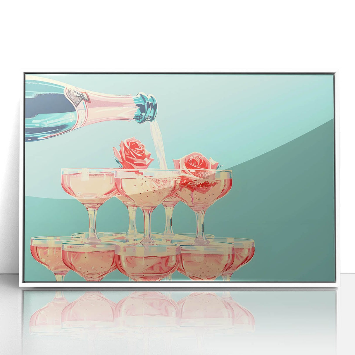 Mid-century modernist art poster featuring simplistic food and drink illustrations in black on a white acrylic frame.