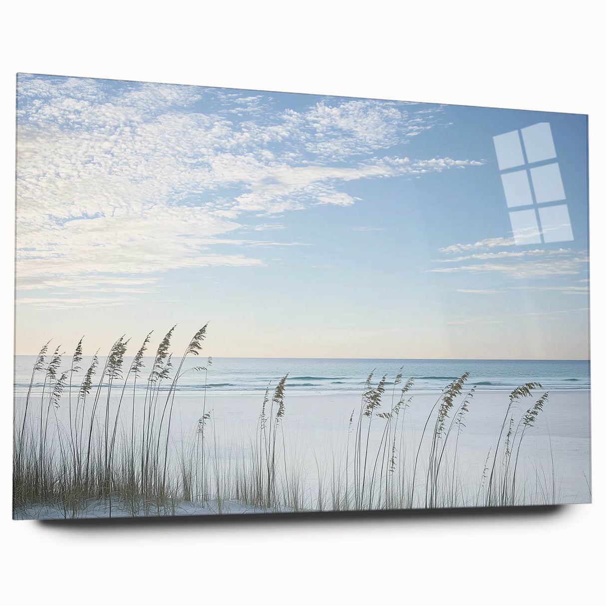 Acrylic landscape artwork showcasing a serene beach scene with vibrant colors, displayed in a glass frame from a side view, emphasizing the artwork's depth and detail. Perfect for enhancing coastal-themed interiors.