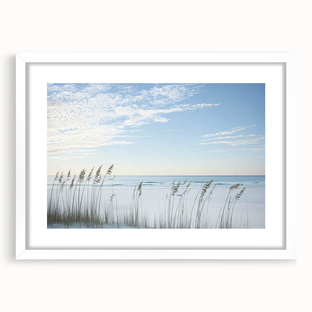 Landscape artwork featuring a serene beach scene framed in white with a mat, ideal for home decor. Perfect for adding a coastal touch to any room.