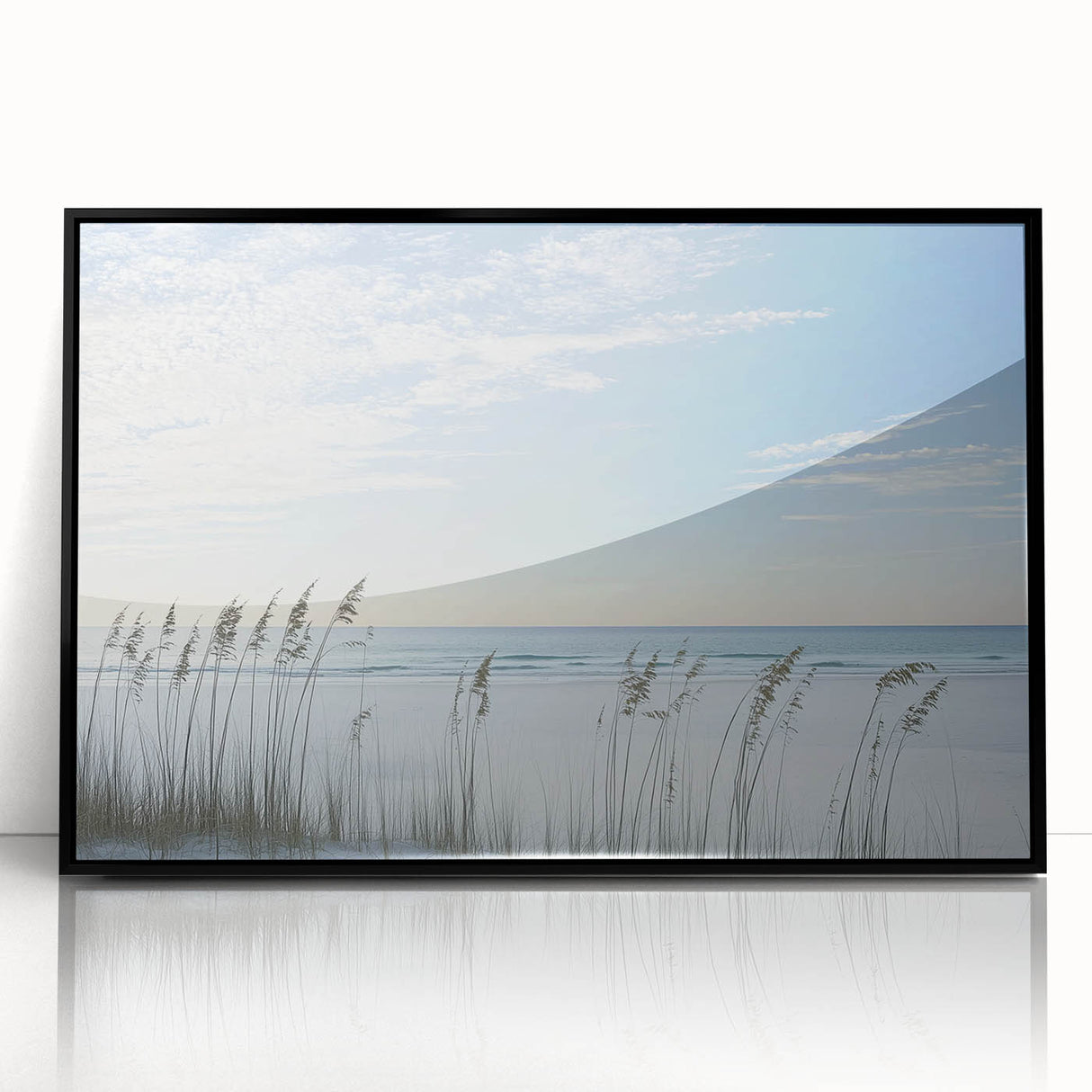 Framed acrylic artwork showcasing a stunning beach landscape with vibrant colors, black frame, and a modern design, perfect for coastal-themed home decor.