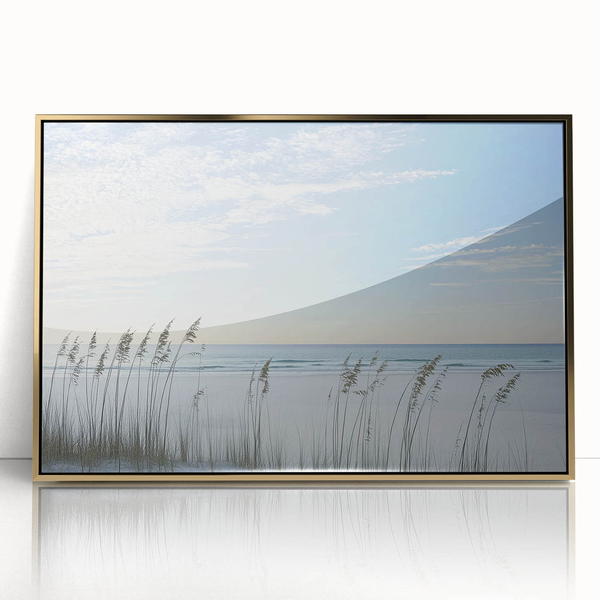 Framed acrylic artwork depicting a serene beach landscape with golden hues, perfect for adding a touch of elegance and tranquility to home decor.