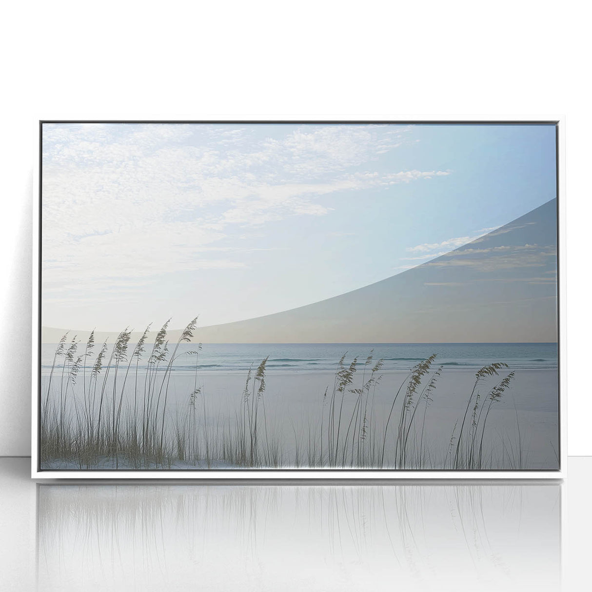 Framed acrylic artwork depicting a serene beach landscape with vibrant colors and soft waves, set in a sleek white frame, perfect for coastal decor enthusiasts.