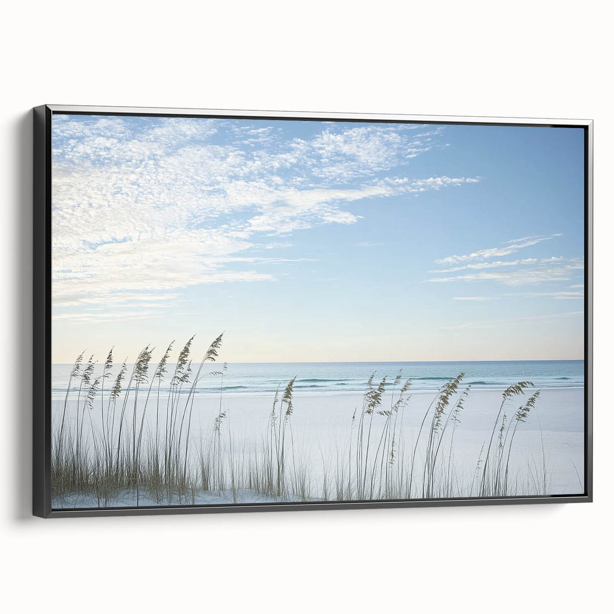 Framed landscape canvas depicting a serene beach scene, showcasing soft pastel colors and gentle waves, with a sleek black frame enhancing its modern aesthetic. Perfect for coastal decor enthusiasts.