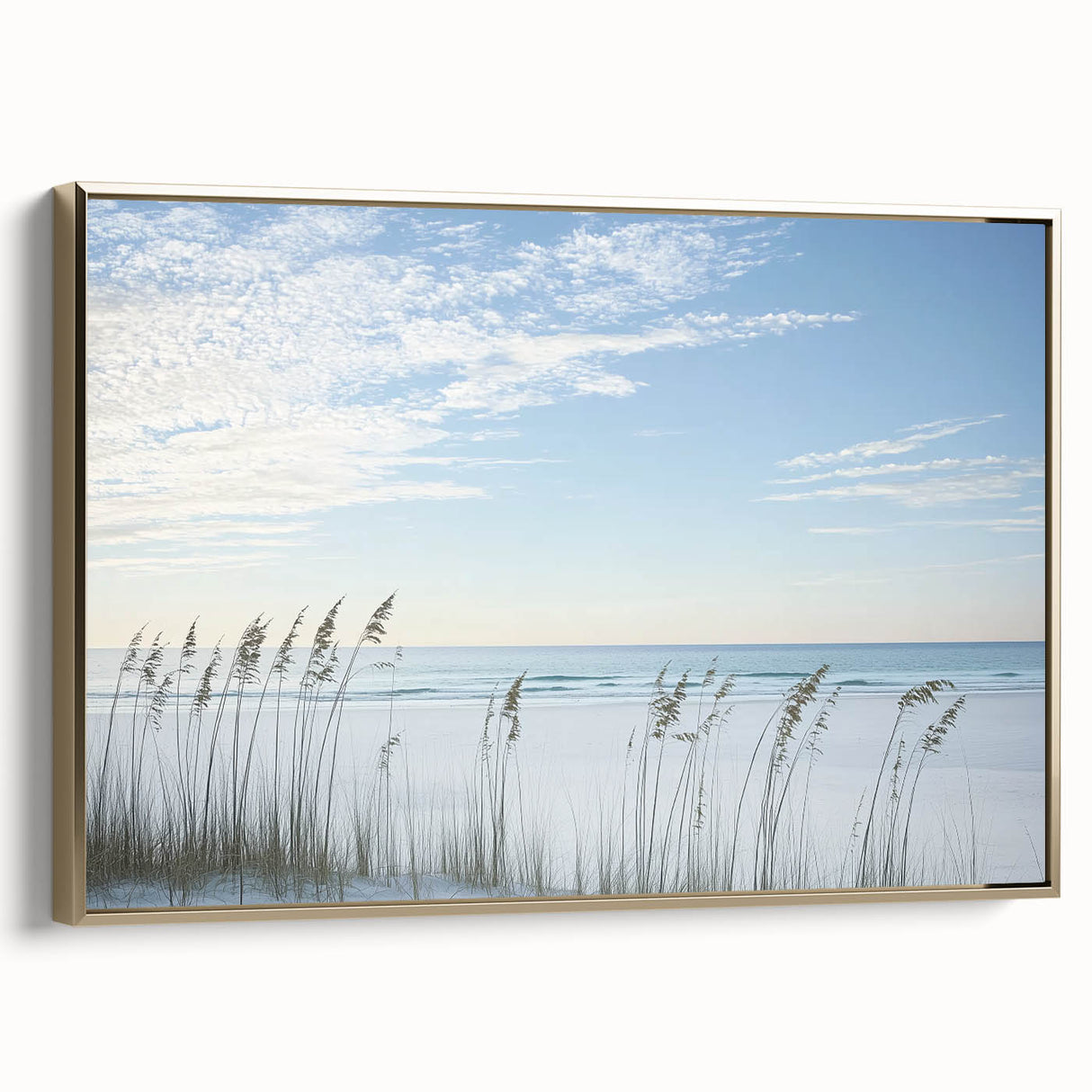 Framed canvas artwork showcasing a vibrant beach landscape with golden accents, highlighting tranquil ocean waves and a serene atmosphere, perfect for home decor.