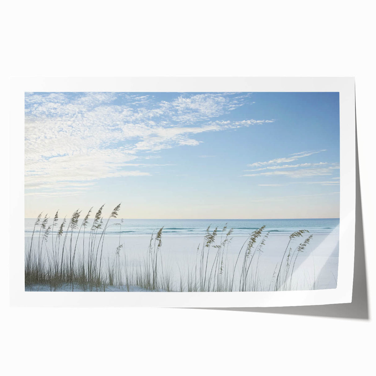 Vibrant landscape print capturing serene beaches with soft waves and golden sands, rolled for easy transport and display in a stylish setting. Perfect for coastal decor.