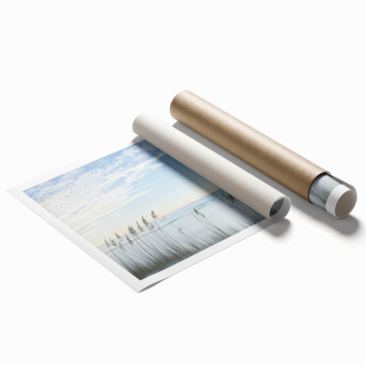 Stunning landscape print showcasing a serene beach scene with vibrant colors, expertly rolled for easy display and shipped in a protective tube.
