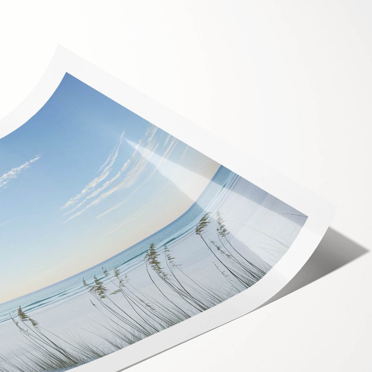 Rolled landscape print depicting a serene beach scene with vibrant blue skies and soft sandy shores, elegantly packaged in a protective cardboard tube.