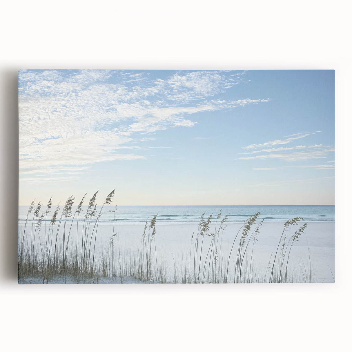 Vibrant landscape canvas art depicting serene beaches with turquoise waters and golden sand, expertly stretched and ready for display, perfect for coastal-themed decor.