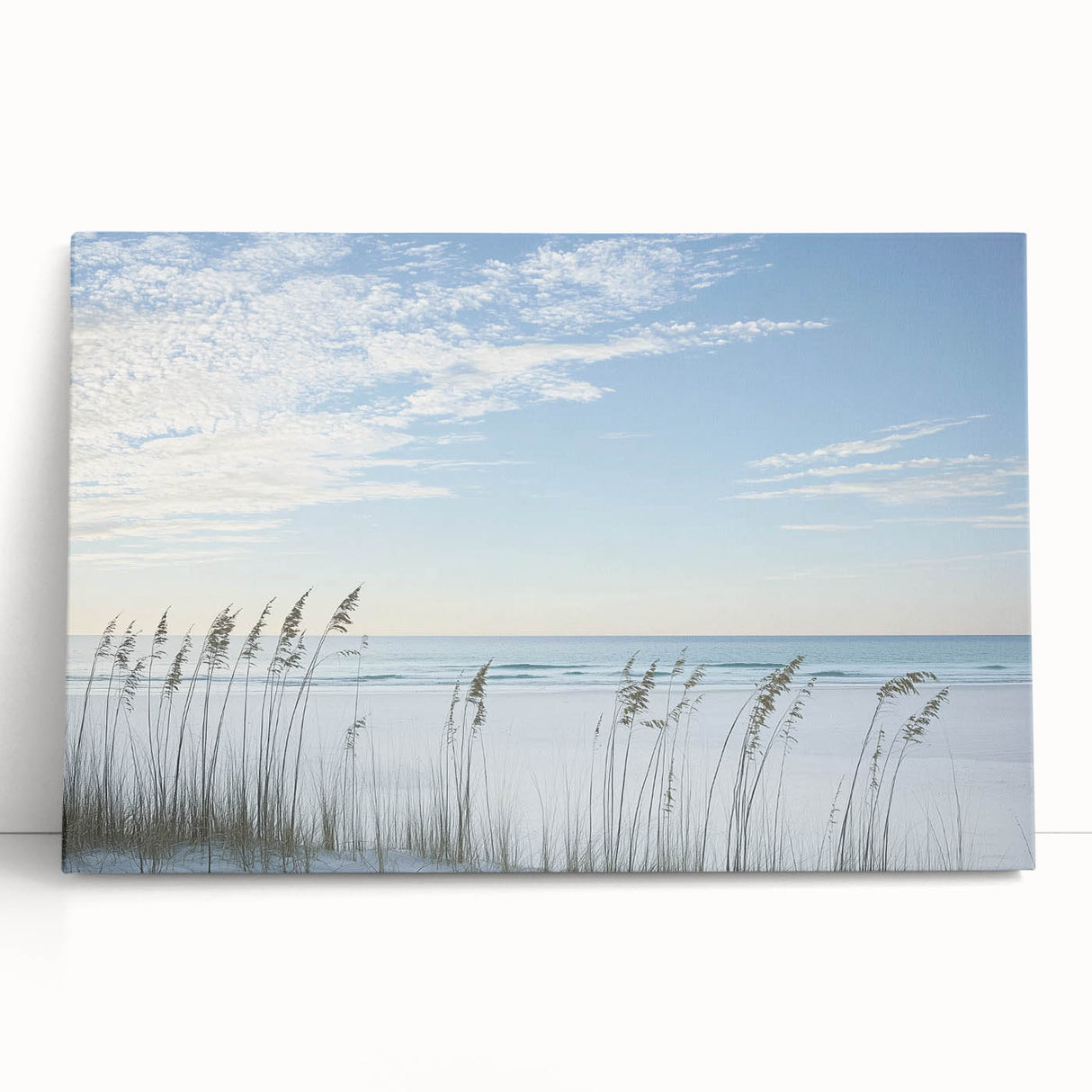 Stretched canvas artwork showcasing a vibrant beach landscape with vivid blues and greens, perfect for coastal-themed home decor and relaxation inspiration.
