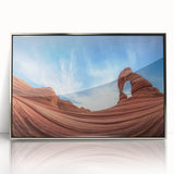 Framed acrylic artwork showcasing a vibrant canyon landscape with rich colors and textures, ideal for home decor and modern art enthusiasts.