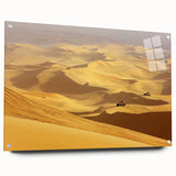 Acrylic landscape art depicting a vibrant desert scene, showcasing warm hues of orange and yellow with a side view that highlights intricate details, mounted with pins for display.