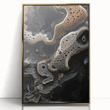 Mid-century modernist art print featuring abstract shapes in pastel colors, framed in gold acrylic.