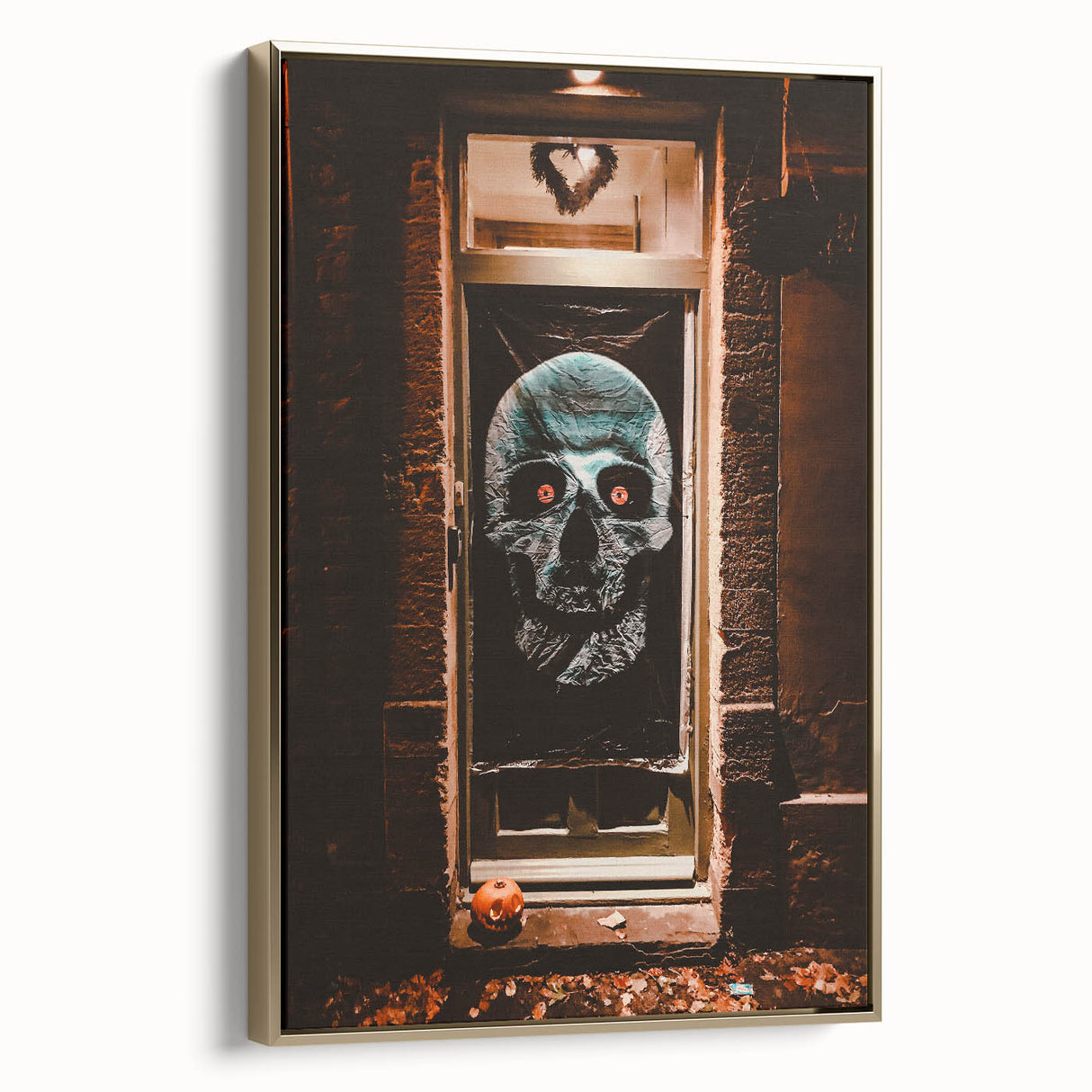 Framed canvas featuring a vintage poster-style landscape painting with fall foliage in gold and black tones.