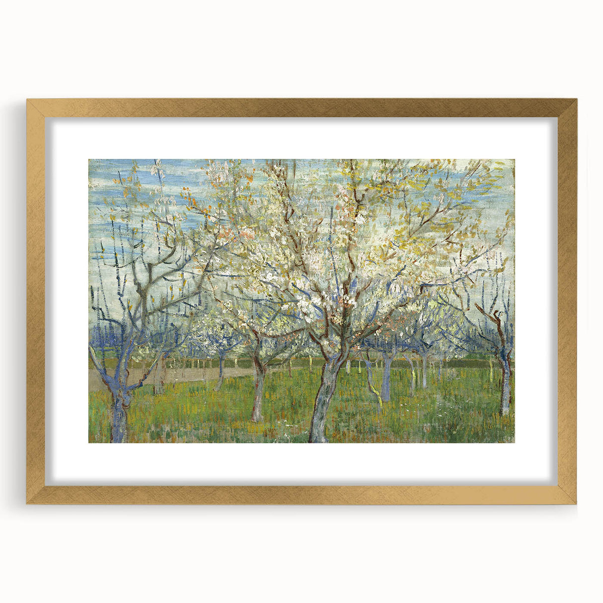 Abstract art print featuring swirling shades of blue and yellow on a framed canvas.