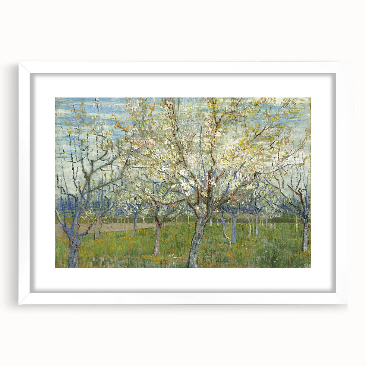 Textured abstract art print in white frame, featuring swirling blue and yellow patterns, ideal for modern bedroom decor.