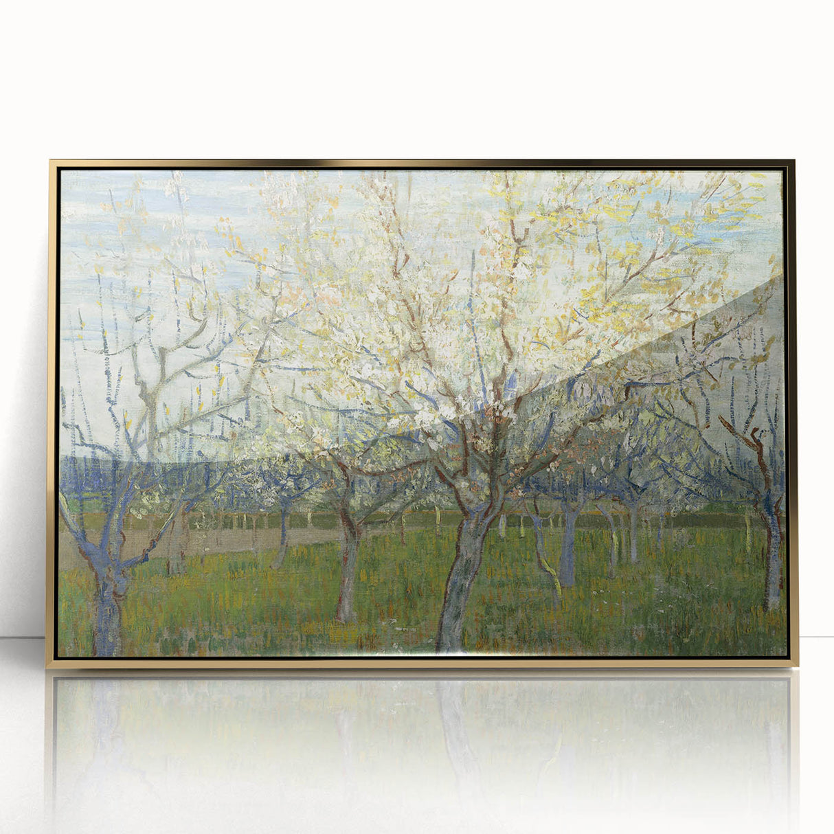 Acrylic print of Van Gogh-inspired art deco poster in gold frame, suitable for modern art wall decor in a nursery.