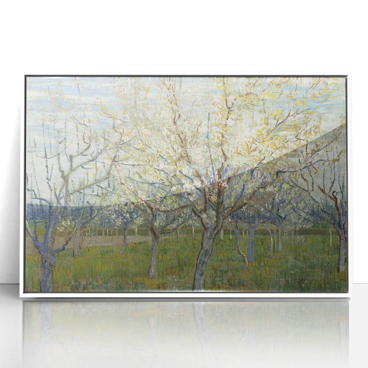 Mid-century modernist art depicting a starry night with swirling blue and yellow hues on a white acrylic framed poster.