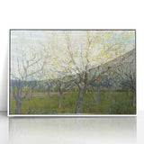 Mid-century modernist art depicting a starry night with swirling blue and yellow hues on a white acrylic framed poster.