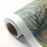 Art deco style poster of Van Gogh on rolled canvas, featuring bold blue and yellow tones, ideal for nursery wall art.