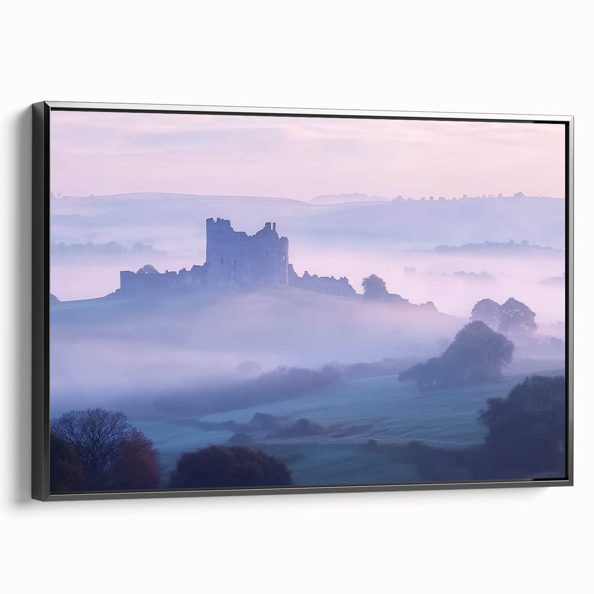 Framed canvas artwork depicting a scenic landscape with a castle, featuring a sleek black frame and vibrant colors, ideal for home decor in living spaces or offices.
