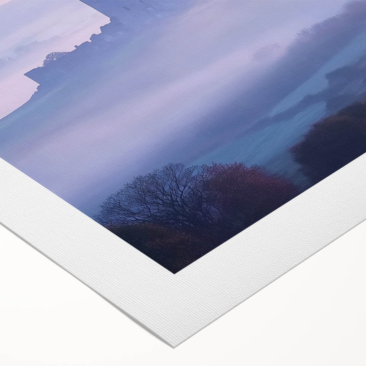 Rolled canvas depicting a vibrant landscape with a castle, showcasing rich colors and intricate details, elegantly packaged in a protective cardboard tube for art enthusiasts.