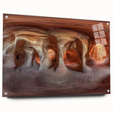 Acrylic glass artwork depicting a vibrant landscape with intricate cave designs, showcasing vivid colors and detailed textures, ideal for modern home decor.