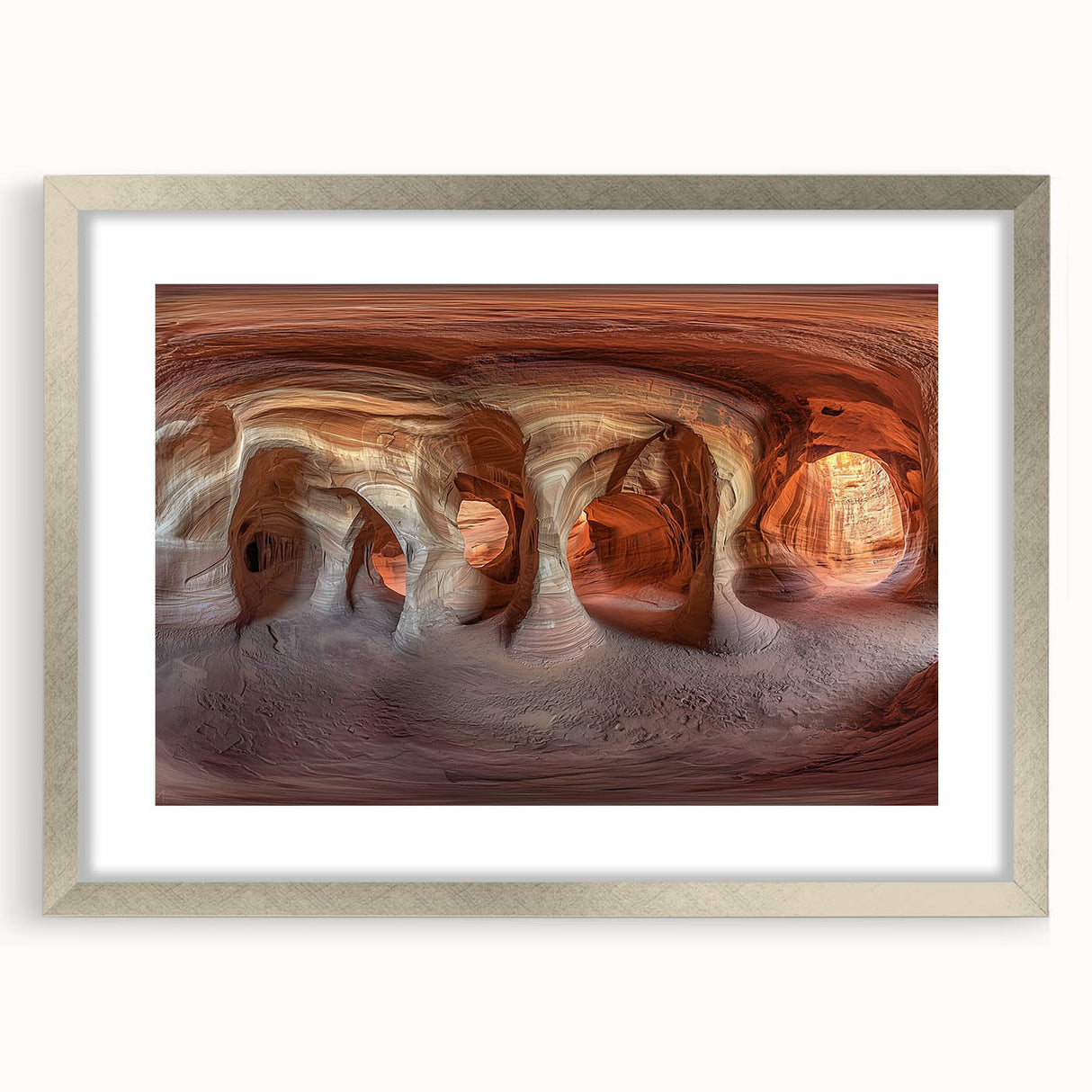 Framed silver landscape artwork depicting a serene cave scene, enhanced by a white mat, perfect for modern home decor and art enthusiasts.