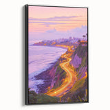 Framed canvas artwork showcasing a dramatic cliff landscape in vibrant colors, featuring a black frame from a side view, ideal for modern home decor.