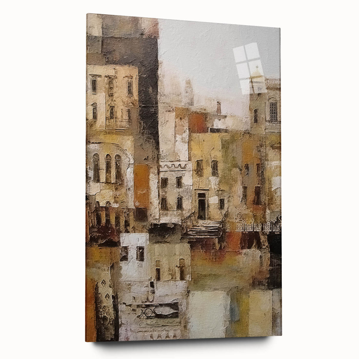 Abstract architectural wall art displayed in a sleek acrylic frame, showcasing dynamic geometric patterns in vibrant colors, ideal for modern decor.