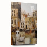 Abstract architectural wall art displayed in a sleek acrylic frame, showcasing dynamic geometric patterns in vibrant colors, ideal for modern decor.