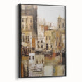Framed black abstract architecture wall art showcasing geometric shapes and lines, perfect for modern home decor, viewed from a side angle.
