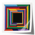 Abstract geometric art print mockup featuring vibrant colors and sharp lines on a glossy surface, ideal for showcasing modern decor concepts. The design emphasizes creativity and contemporary aesthetics, perfect for art enthusiasts and interior designers.