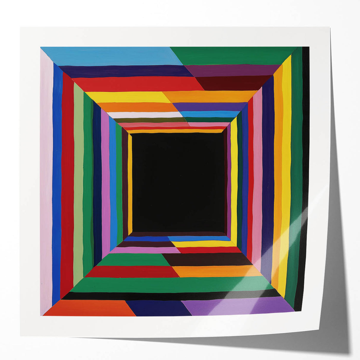 Abstract geometric art print mockup featuring vibrant colors and sharp lines on a glossy surface, ideal for showcasing modern decor concepts. The design emphasizes creativity and contemporary aesthetics, perfect for art enthusiasts and interior designers.