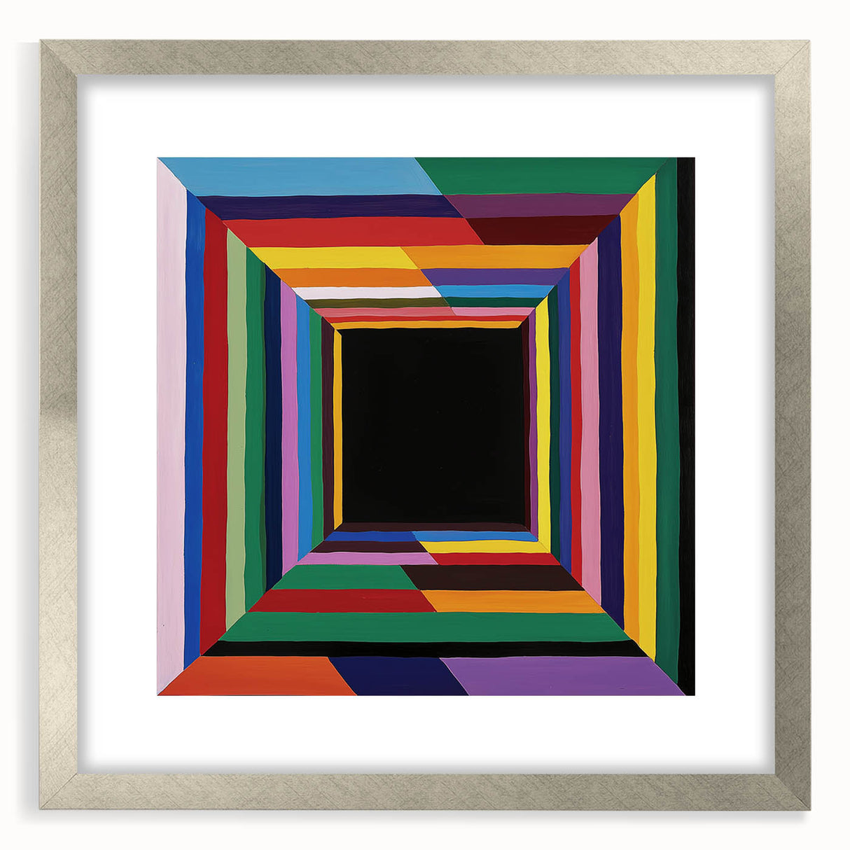 Silver geometric frame with a sleek mat, showcasing an abstract design, front view, ideal for modern decor and art displays, enhancing contemporary interiors.