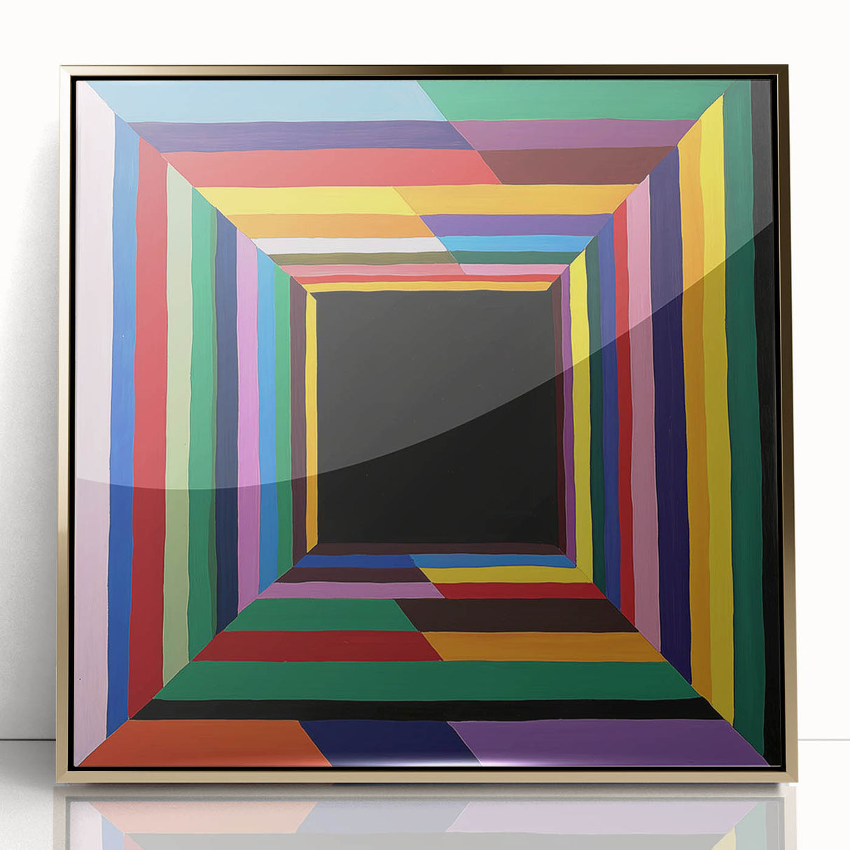 Framed abstract geometric design in gold acrylic, showcasing intricate shapes and lines, perfect for modern home decor. Adds elegance to any space.