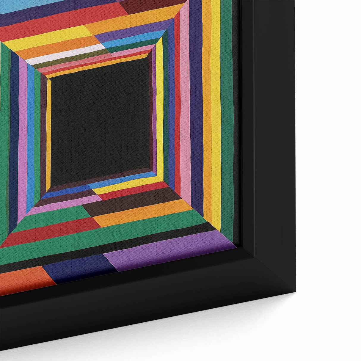 Close-up of an abstract geometric framed canvas art piece, showcasing vibrant colors and intricate patterns, ideal for modern home decor and art enthusiasts.