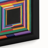 Close-up of an abstract geometric framed canvas art piece, showcasing vibrant colors and intricate patterns, ideal for modern home decor and art enthusiasts.