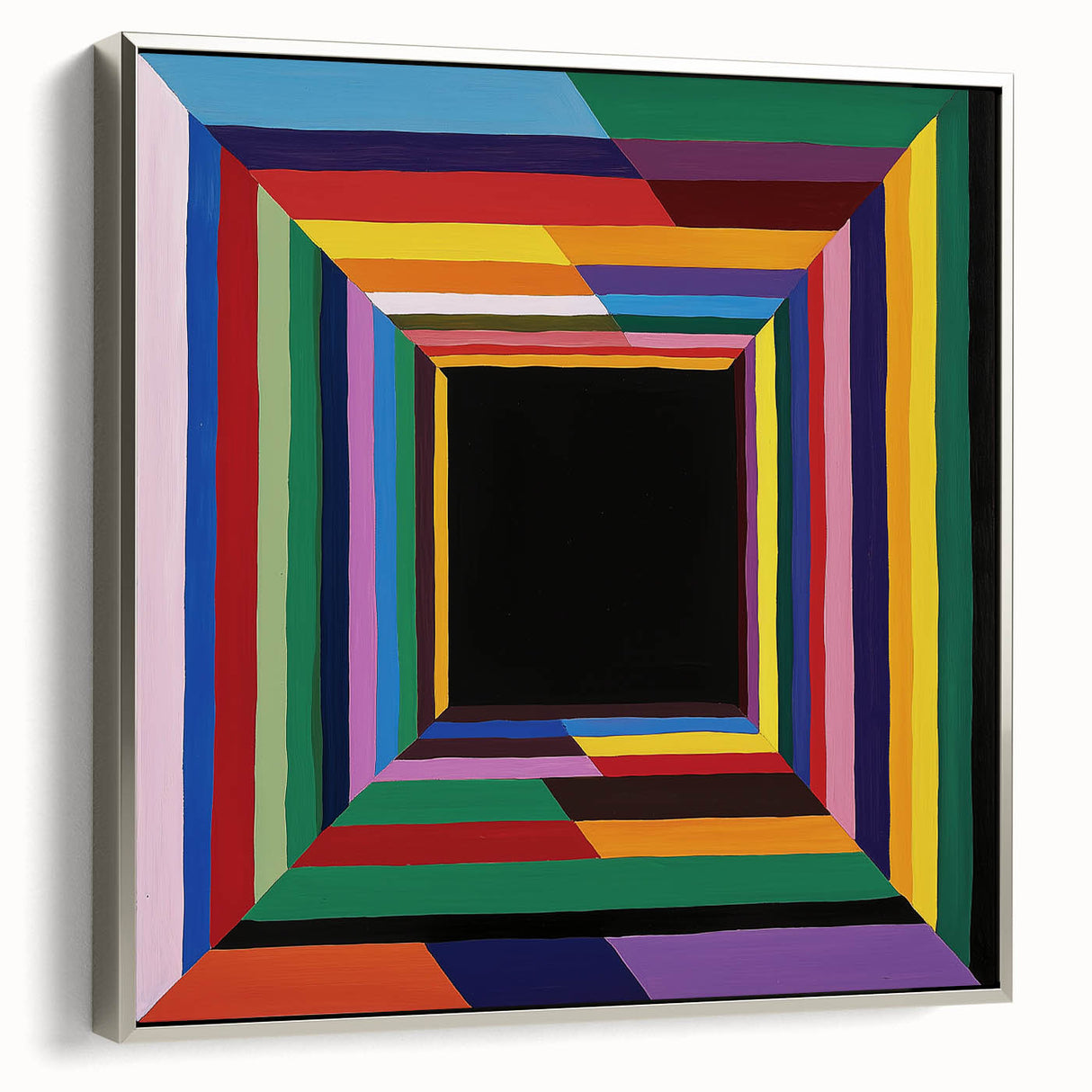Framed abstract geometric canvas art in silver, showcasing a modern design with sharp lines and shapes, ideal for contemporary home decor.