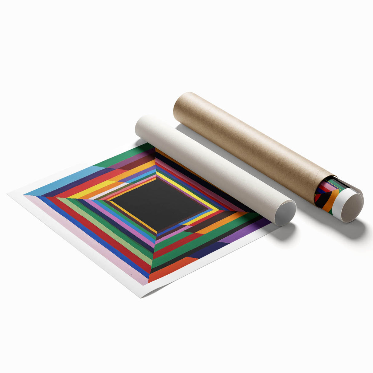 Abstract geometric rolled print featuring vibrant blue, orange, and yellow shapes on a textured background, designed for modern home decor, packaged securely in a protective tube.