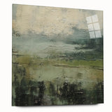 Abstract landscape wall art displayed in a sleek acrylic frame, showcasing vibrant colors and fluid shapes, perfect for modern home decor. The side view highlights the frameless design, emphasizing its contemporary aesthetic and artistic appeal.