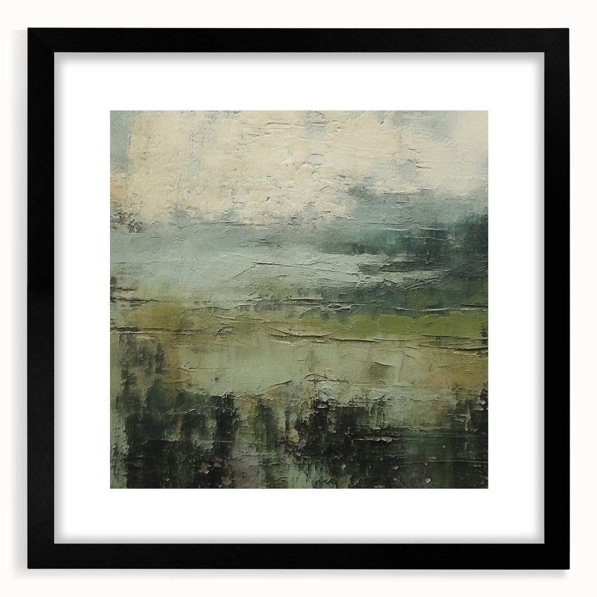 Abstract landscape wall art framed with a black mat, showcasing vibrant colors and dynamic shapes, perfect for modern home decor or gallery display.