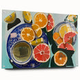 Large abstract wall art featuring assorted fruits in vibrant colors on acrylic glass, ideal for dining room decor.
