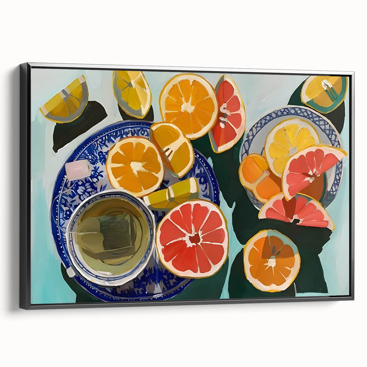 Black and white vintage poster art of assorted fruits, framed canvas, ideal for bedroom wall decor.