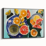 Black and white vintage poster art of assorted fruits, framed canvas, ideal for bedroom wall decor.