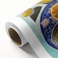 Art deco poster of colorful fruits on rolled canvas, ideal for nursery wall art or dining room decor.