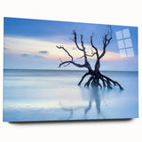Acrylic glass artwork showcasing a serene beach landscape with vibrant colors and fine details, displayed from a side view without pins, perfect for modern home decor.