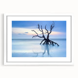 Landscape artwork featuring a serene beach scene, framed with a white mat and sleek black frame, perfect for home decor and coastal-themed interiors.